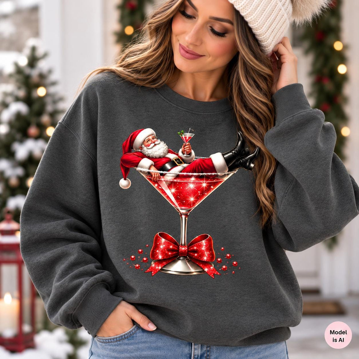 Close-up of Santa relaxing inside a sparkling red martini glass design