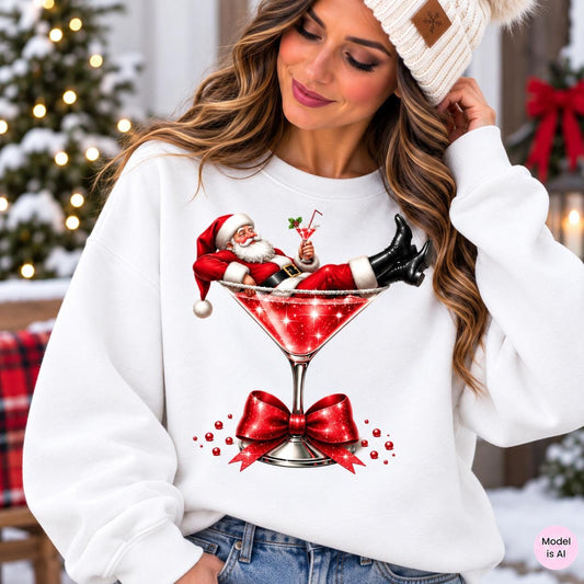 Woman wearing a white Santa Martini Christmas sweatshirt with festive cocktail graphic