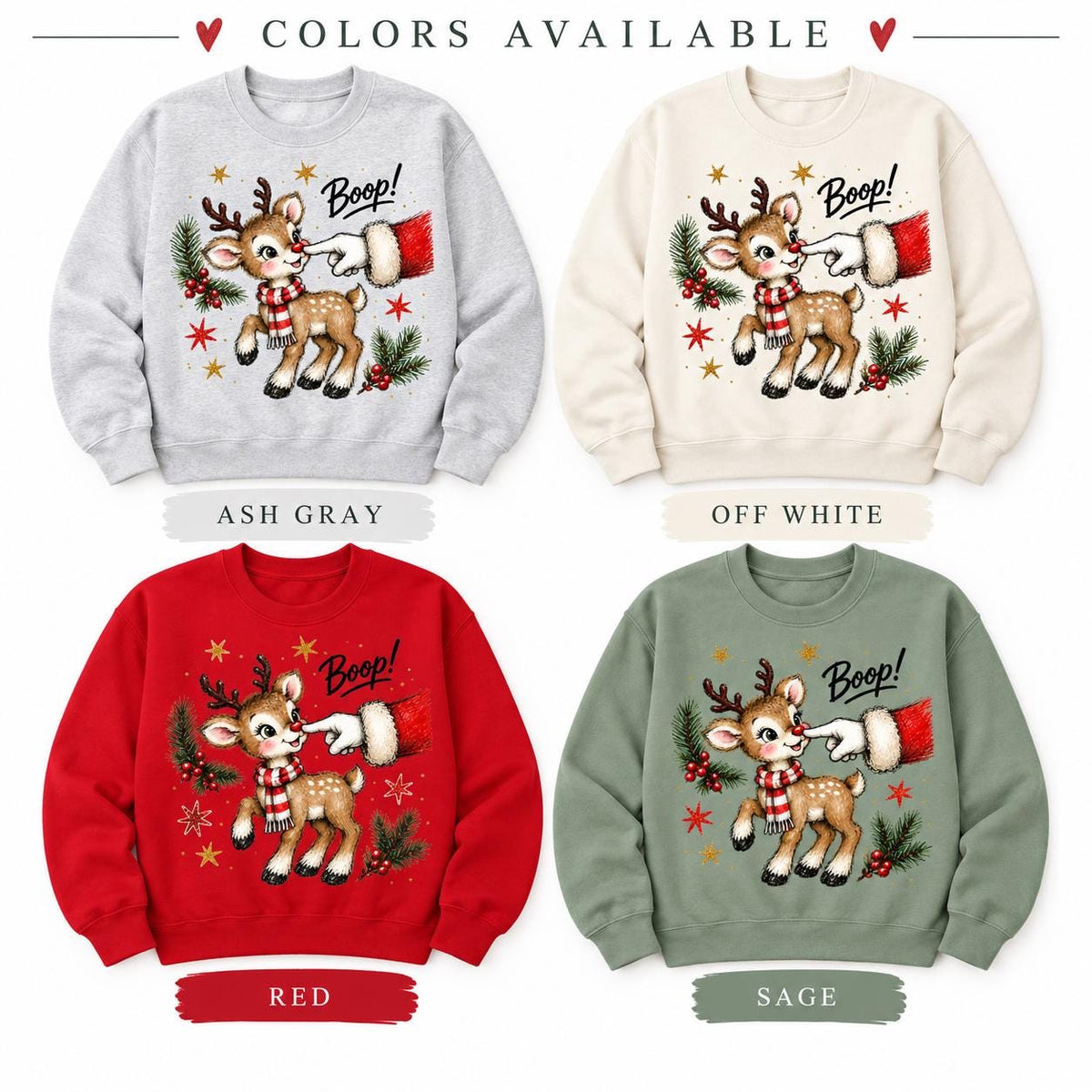 Color guide showing Ash Gray, Off White, Red, and Sage Boop sweatshirts.