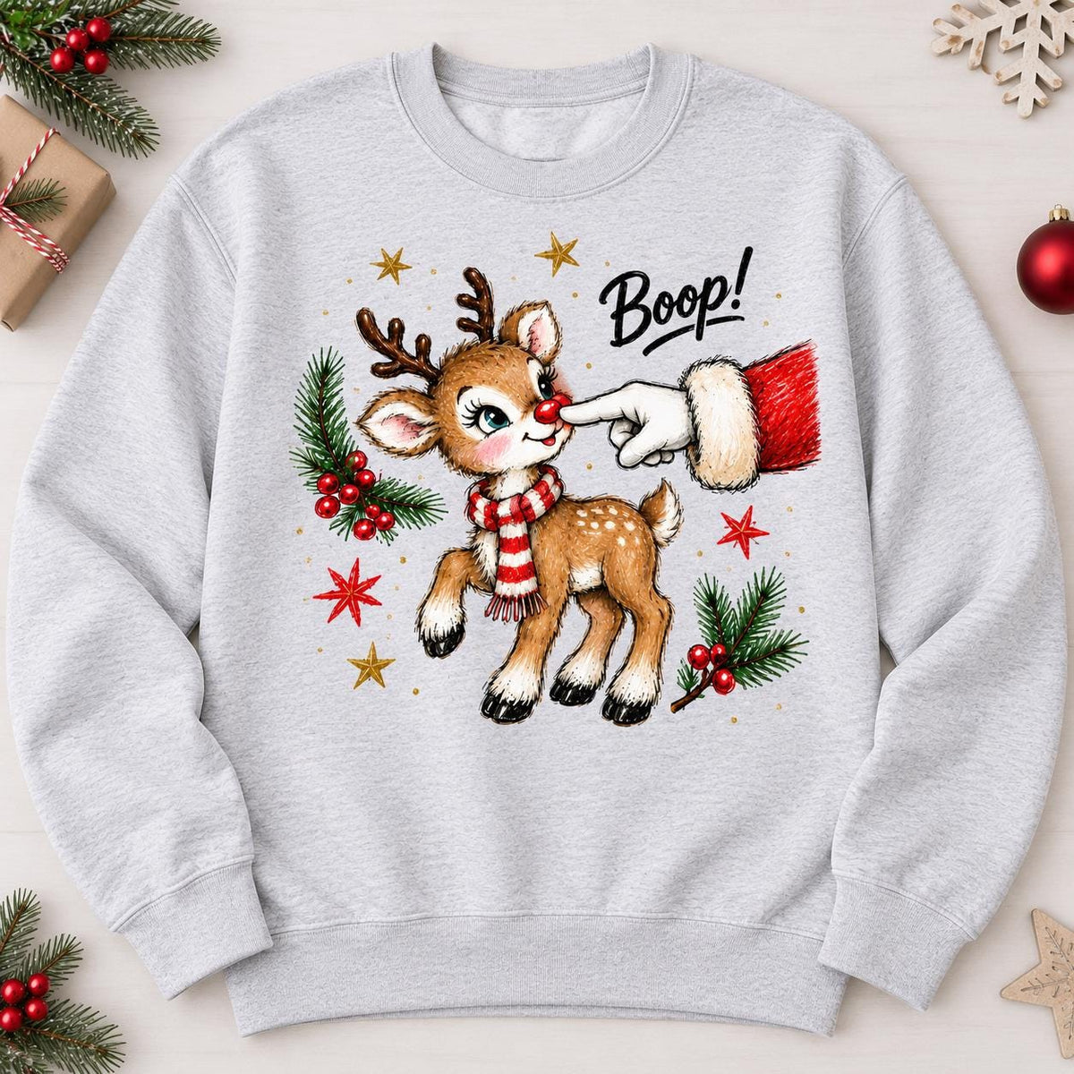 Ash Gray Boop reindeer holiday sweatshirt laid flat.
