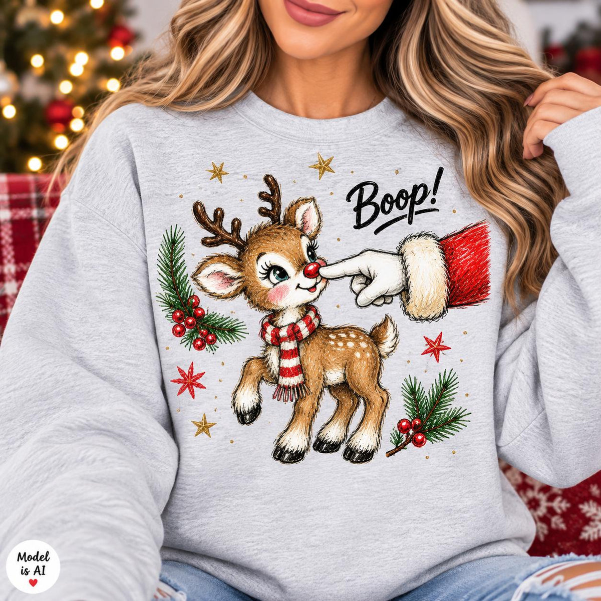 Woman modeling an Ash Gray Boop reindeer Christmas sweatshirt.