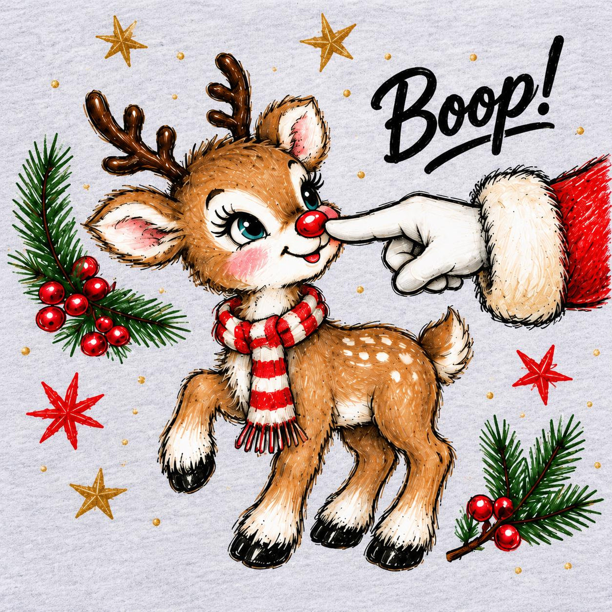 Close-up of Santa booping a red-nosed reindeer in a vintage Christmas design.
