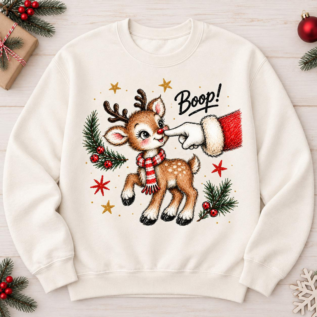 Off White Boop reindeer Christmas crewneck sweatshirt laid flat.