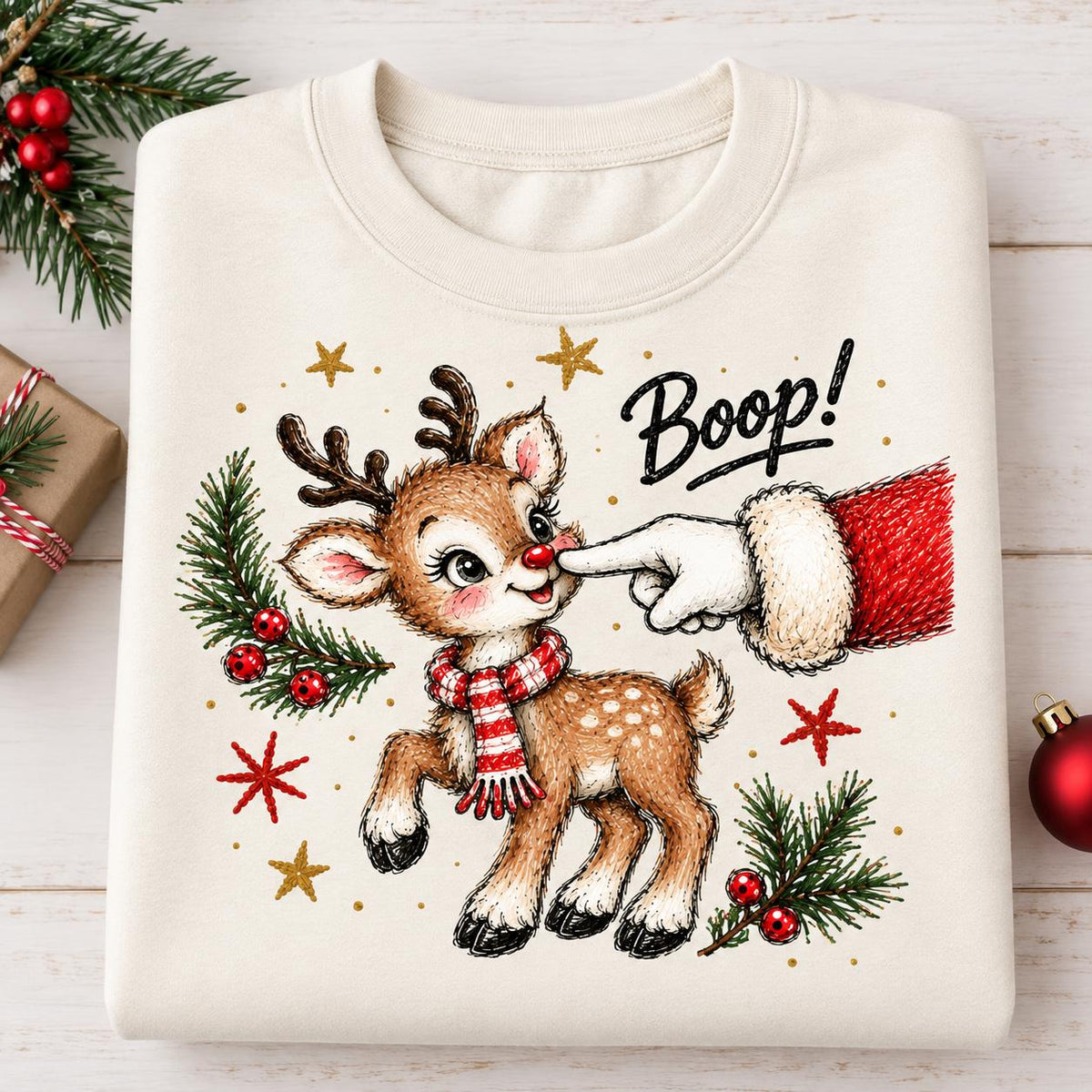 Folded Off White Christmas sweatshirt with cute Boop reindeer graphic.