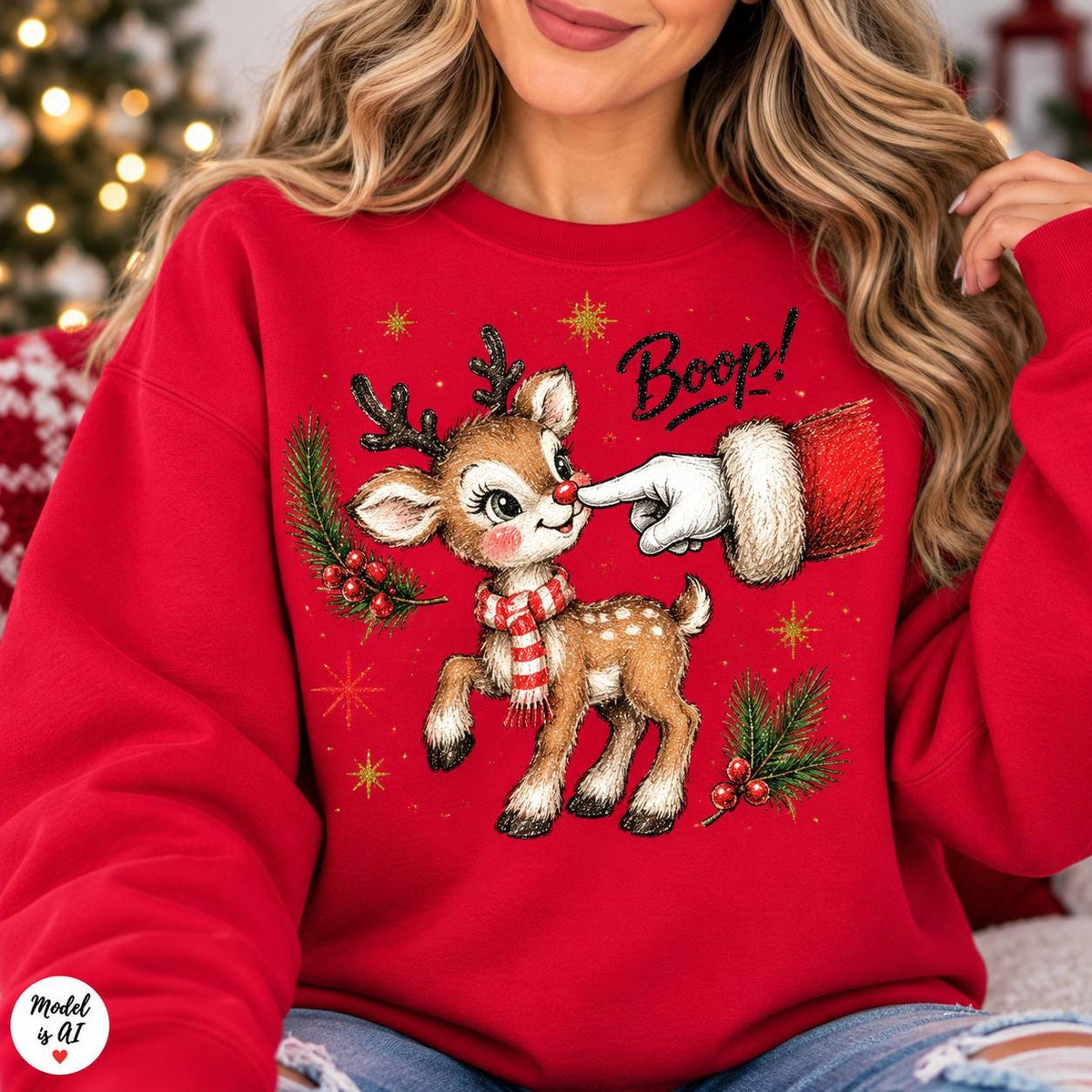 Woman wearing a Red Boop reindeer Christmas crewneck sweatshirt.