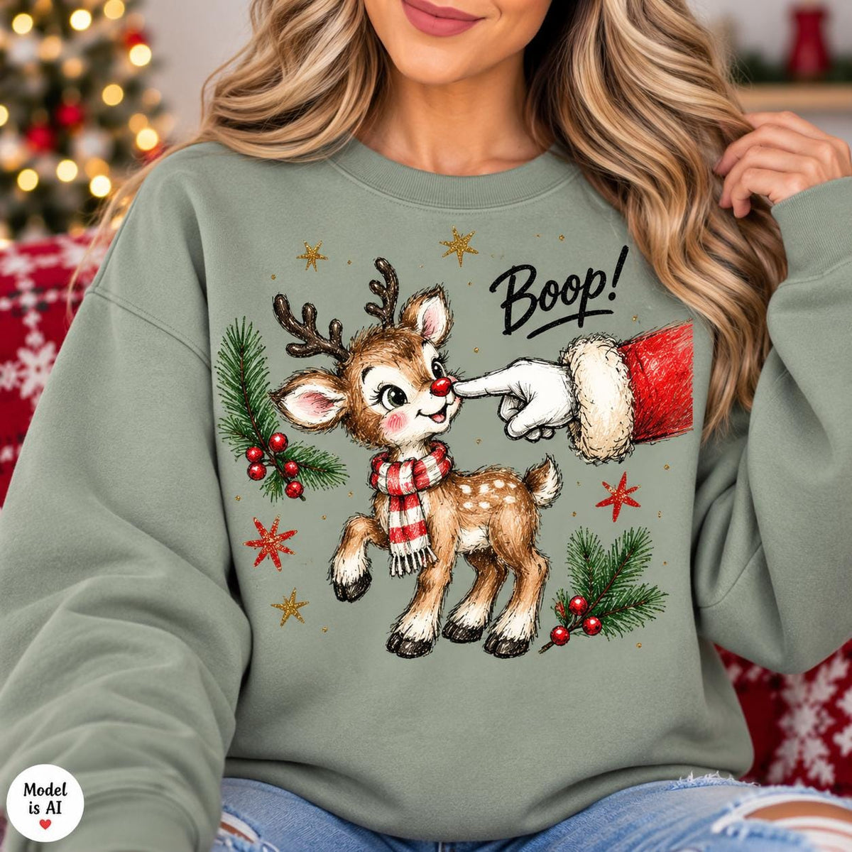 Woman modeling a Sage Boop reindeer holiday crewneck sweatshirt.