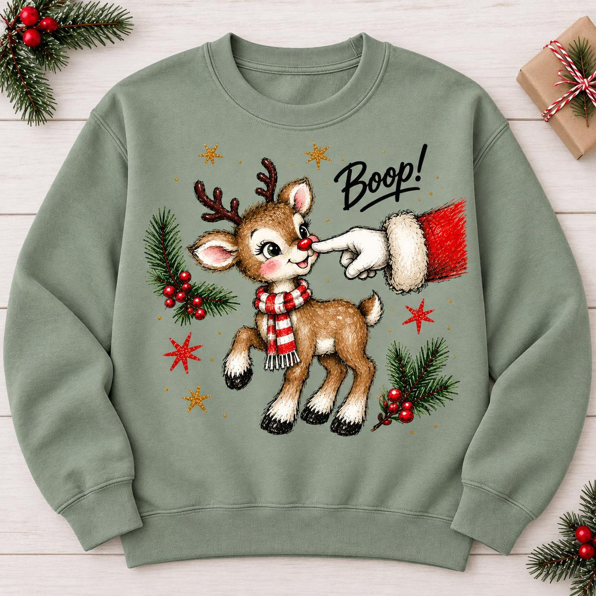 Sage Boop reindeer Christmas sweatshirt laid flat.