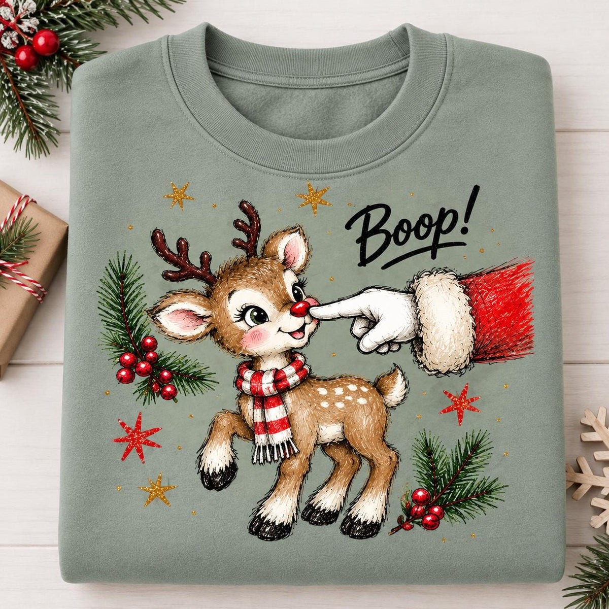 Folded Sage Christmas sweatshirt with cute red-nosed reindeer graphic.