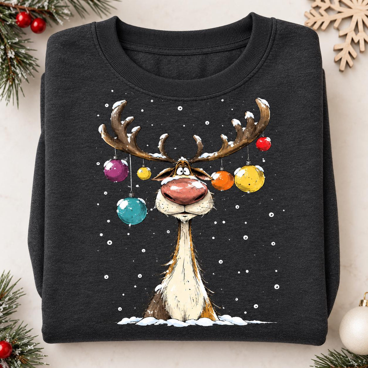 Folded Heather Black Christmas sweatshirt with goofy ornament reindeer design.
