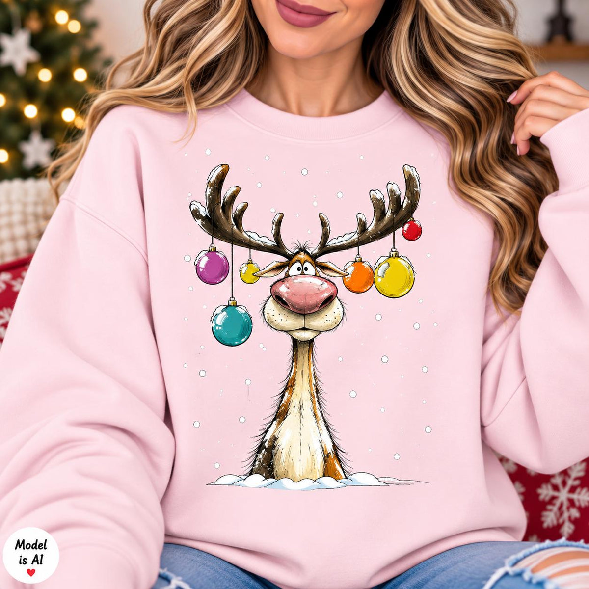 Woman modeling a Light Pink funny reindeer holiday sweatshirt.