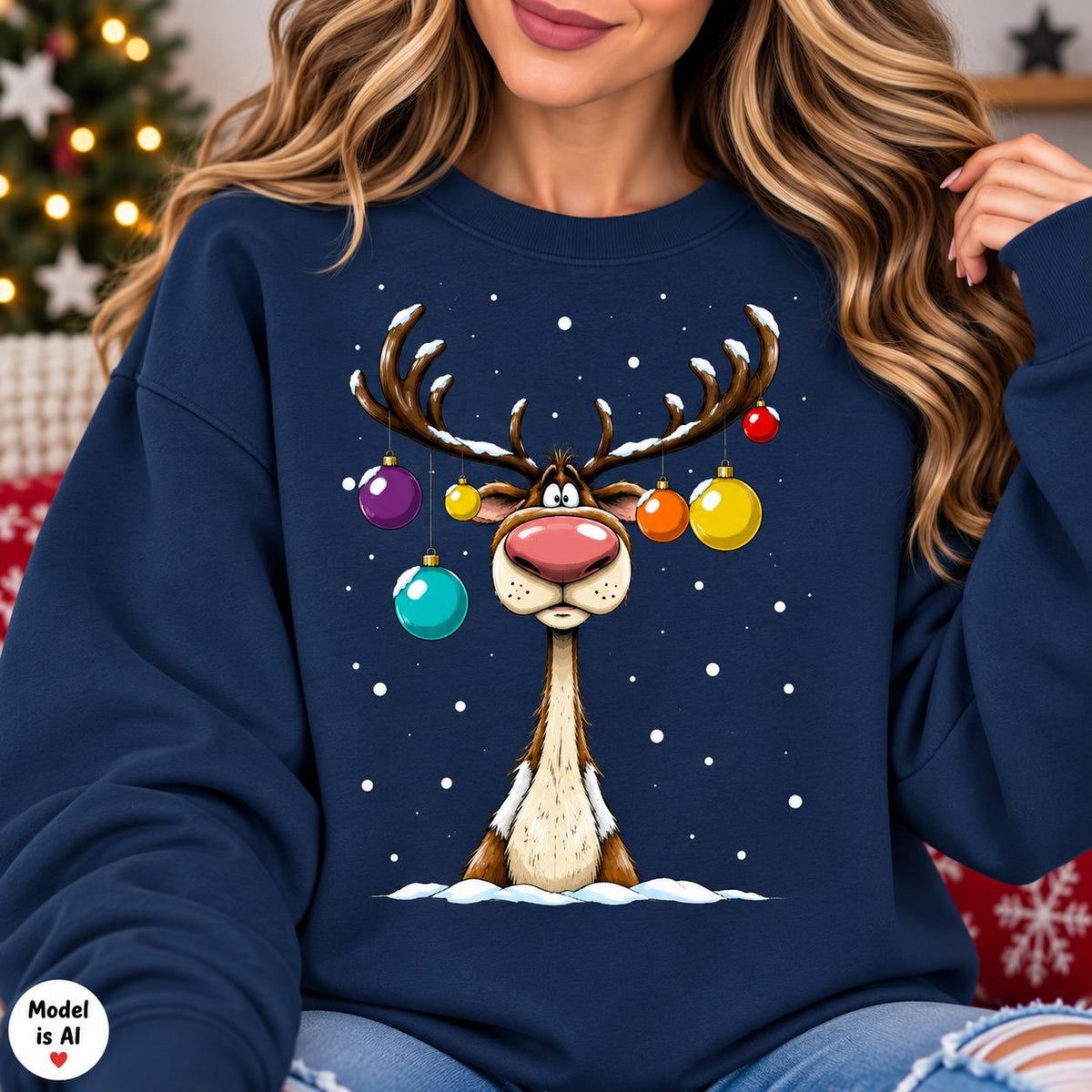 Woman modeling a Navy funny reindeer Christmas sweatshirt.