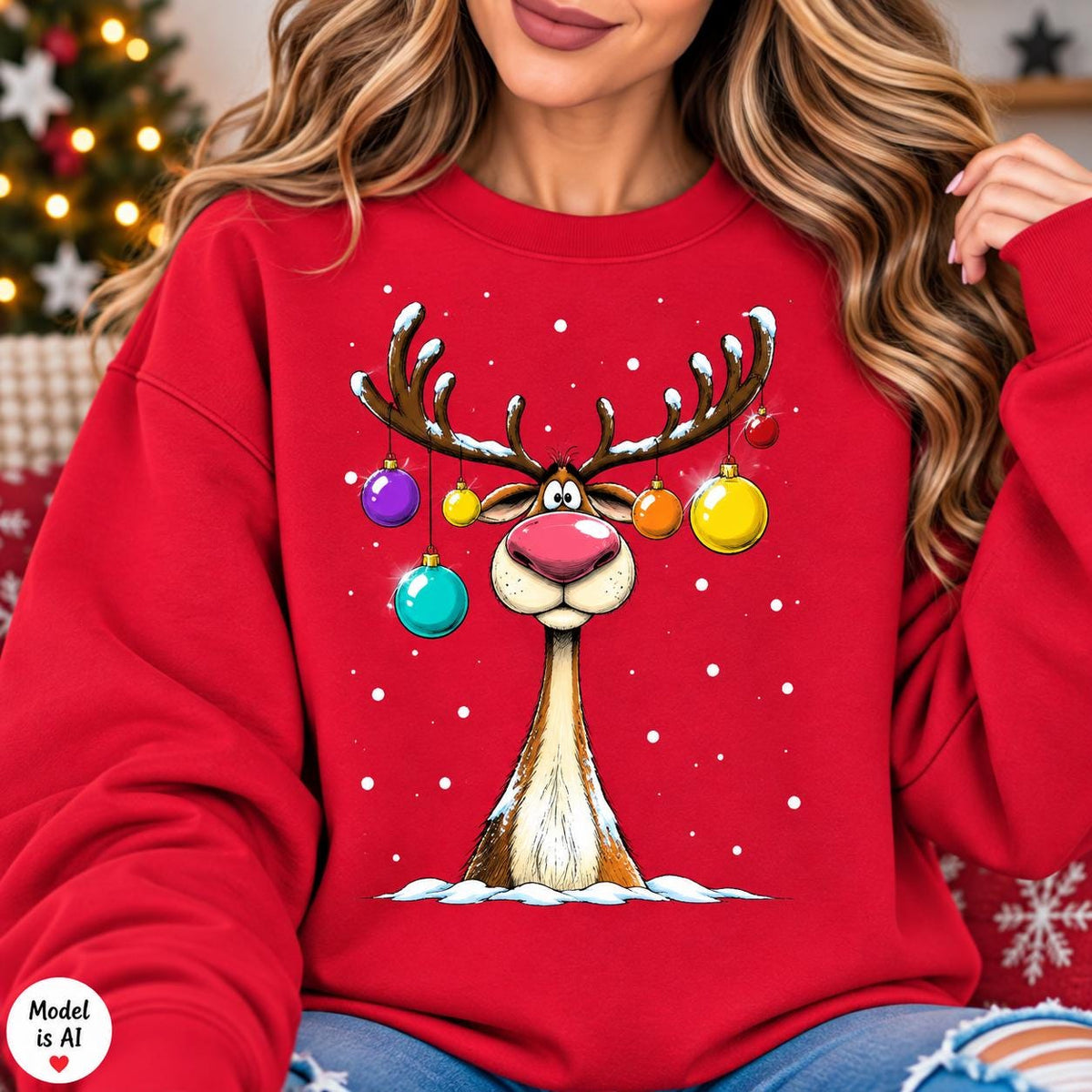 Woman wearing a Red funny reindeer Christmas crewneck sweatshirt.