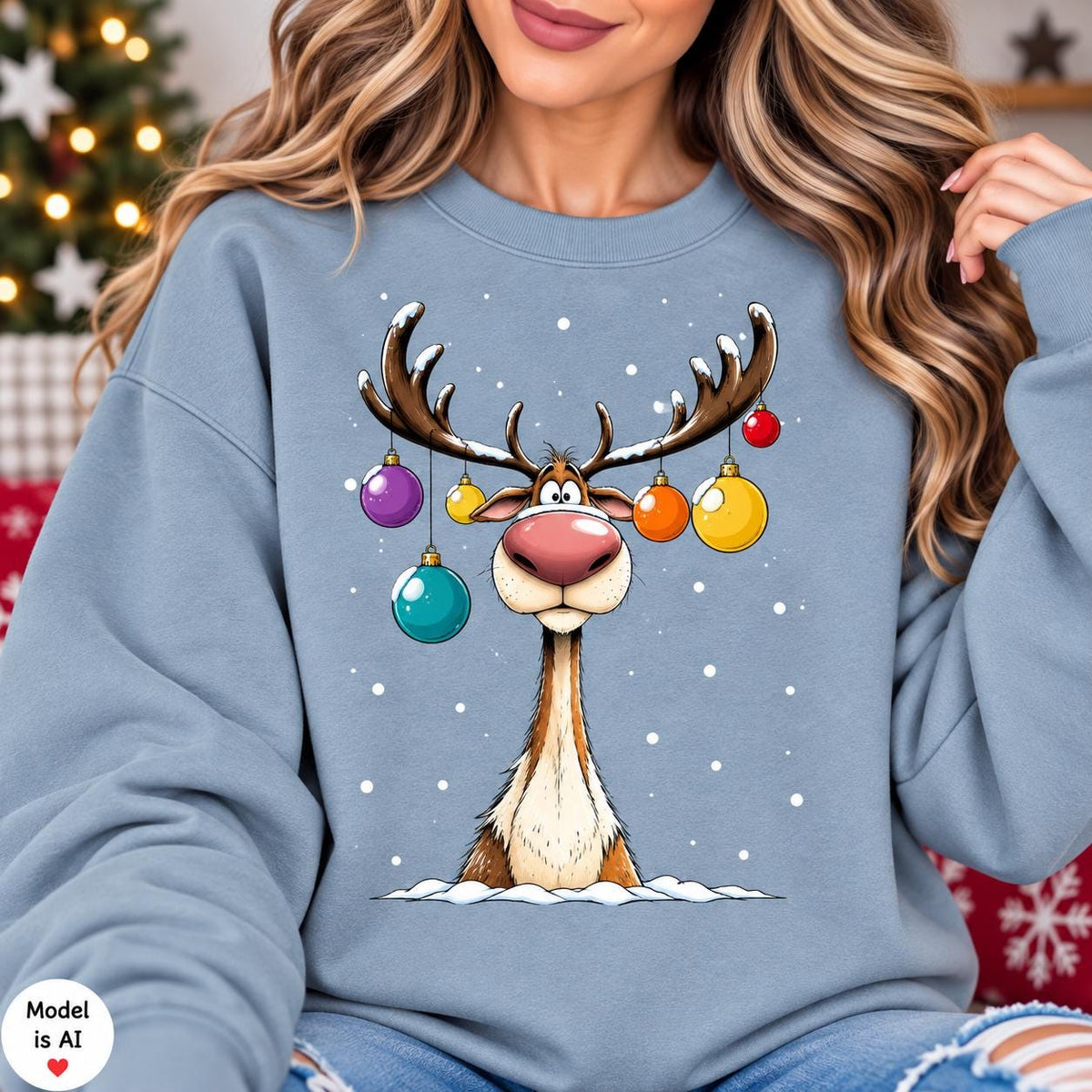 Woman modeling a Stone Blue ornament reindeer holiday sweatshirt.