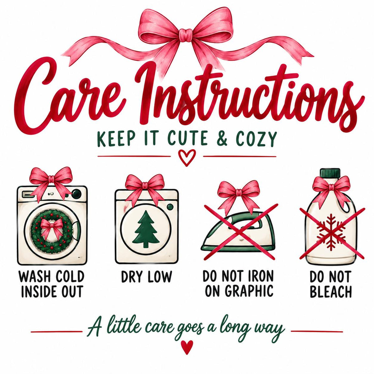 Care instructions for the reindeer Christmas sweatshirt: wash cold, dry low, do not iron or bleach.