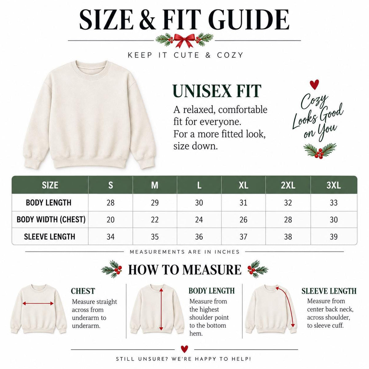 Unisex size and fit guide for reindeer Christmas sweatshirts in sizes S through 3XL.