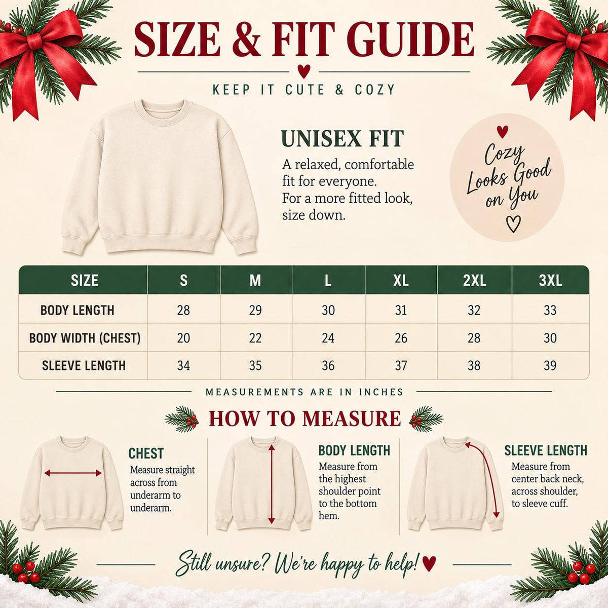 Unisex size and fit guide for Highland cow sweatshirts in sizes S through 3XL.