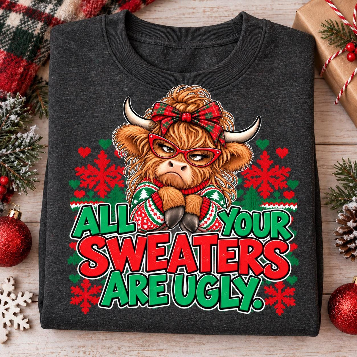 Folded Heather Black Highland cow sweatshirt with All Your Sweaters Are Ugly design.