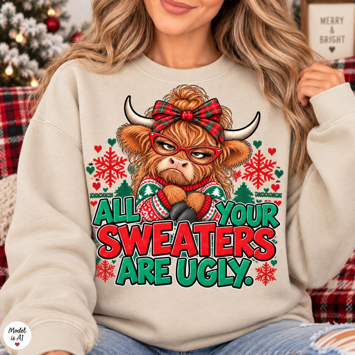 Woman modeling a Sand Highland cow ugly Christmas sweater sweatshirt.