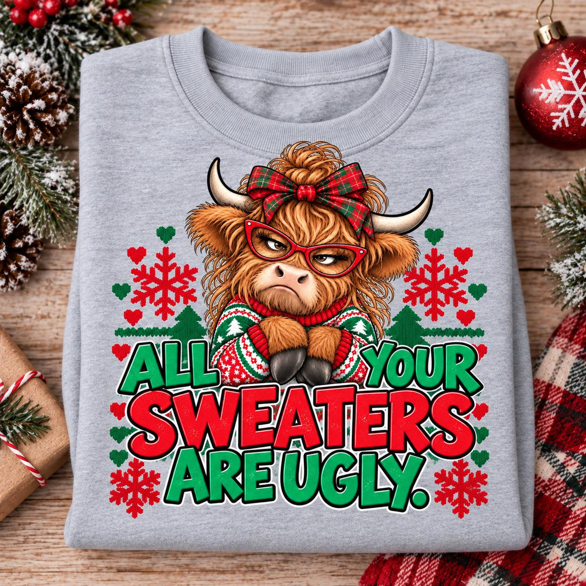 Folded Sport Gray Highland cow Christmas sweatshirt with funny holiday quote.