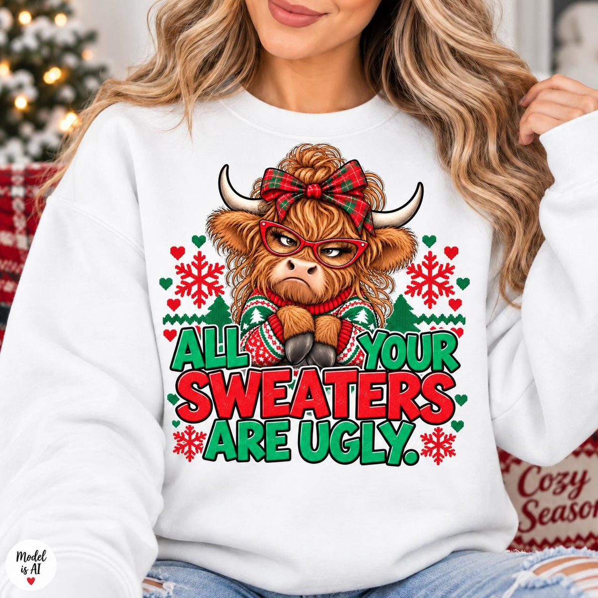 Woman modeling a White Highland cow holiday sweatshirt.