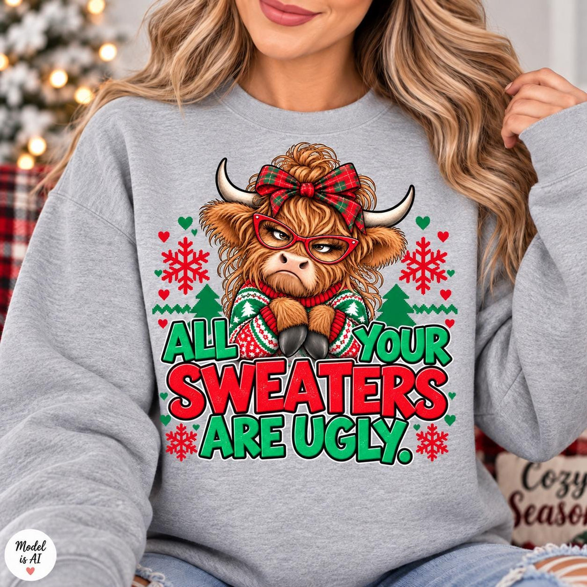 Woman wearing a Sport Gray funny cow Christmas crewneck sweatshirt.