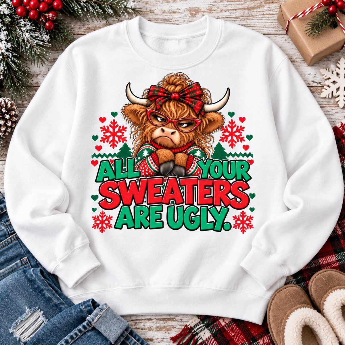 White Highland cow ugly Christmas sweater sweatshirt laid flat.