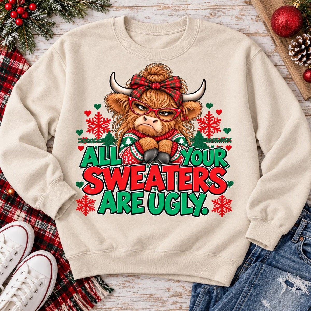 Sand Highland cow Christmas sweatshirt laid flat with festive red and green design.