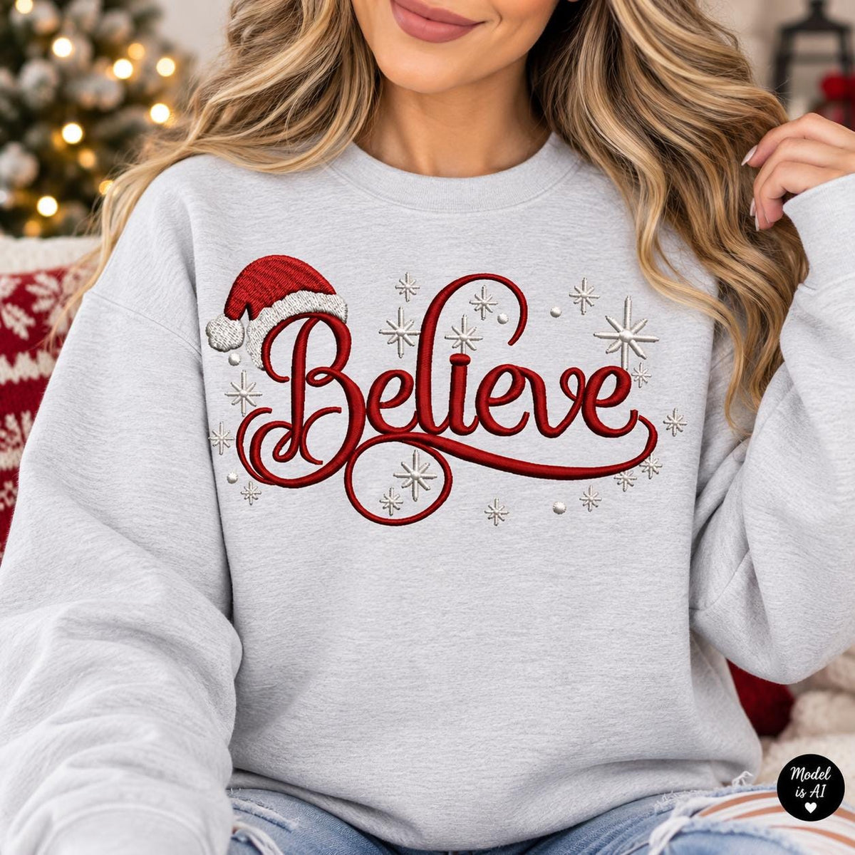 Woman modeling an Ash Gray Believe Christmas sweatshirt with festive red lettering.