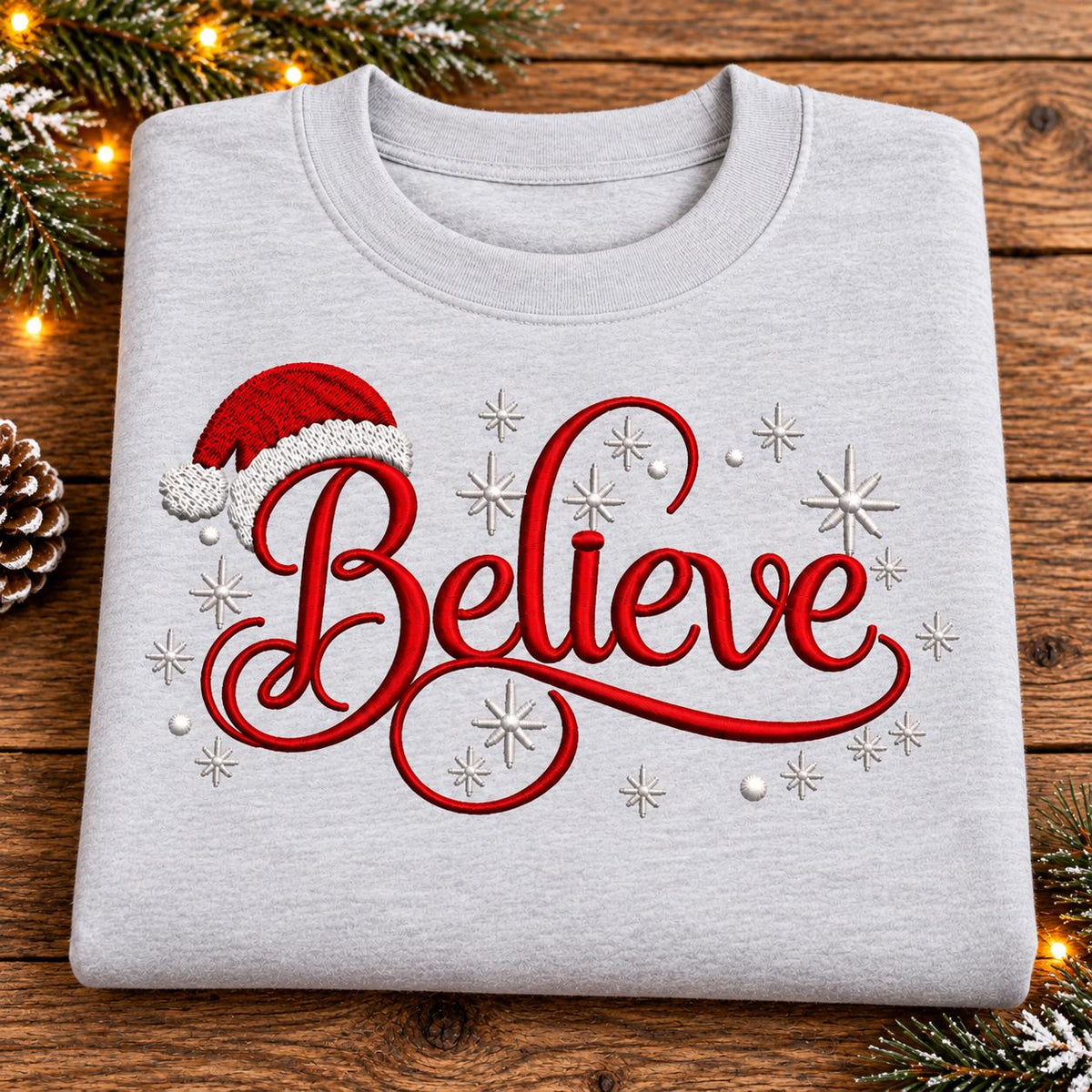 Folded Ash Gray Christmas sweatshirt with Believe script and snowflakes.