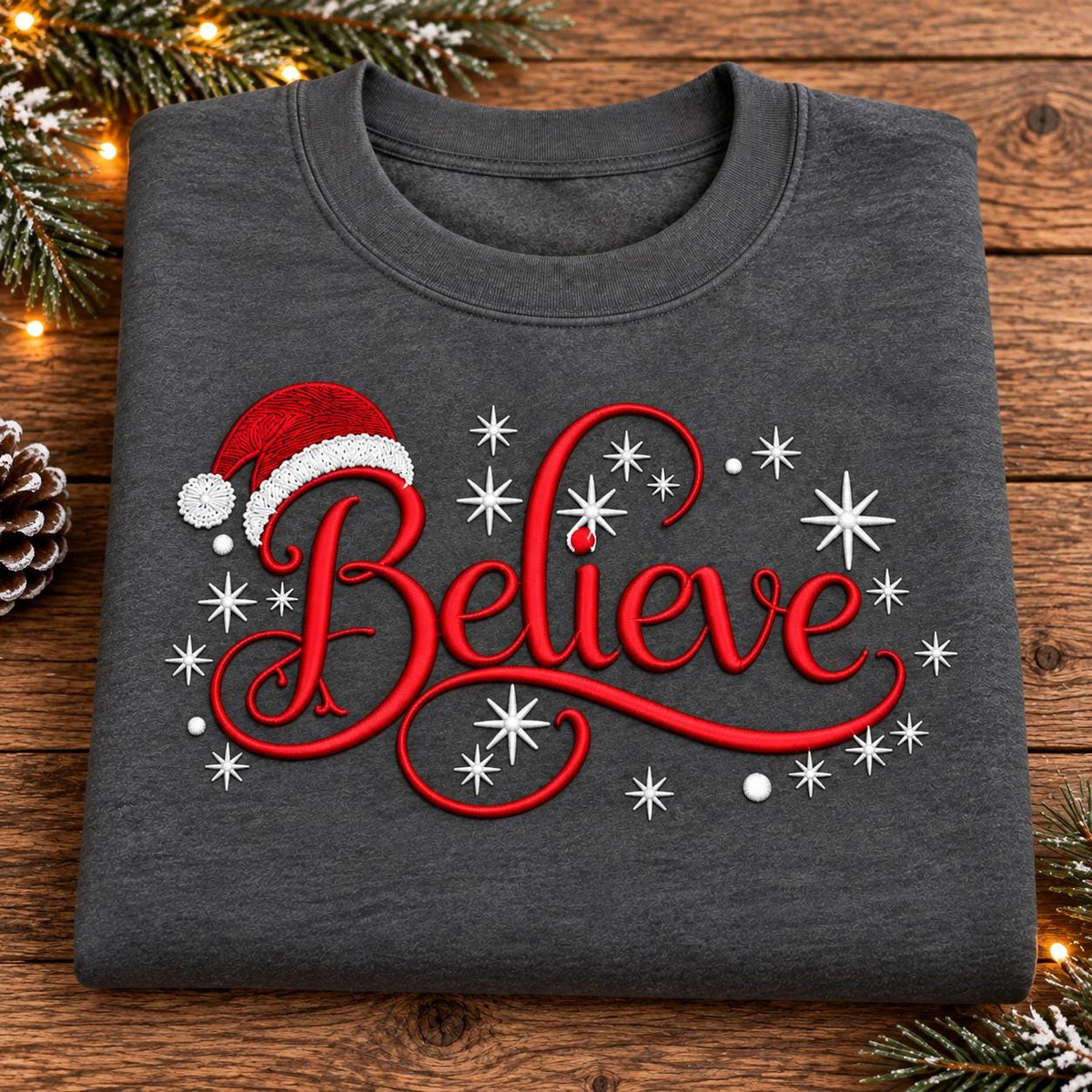 Folded charcoal Believe sweatshirt with Santa hat and snowflake details.