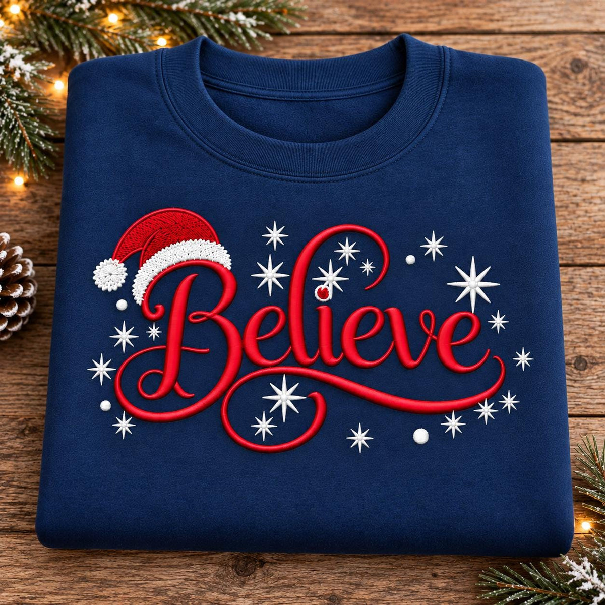Folded navy Believe Christmas sweatshirt with red script and white snowflakes.