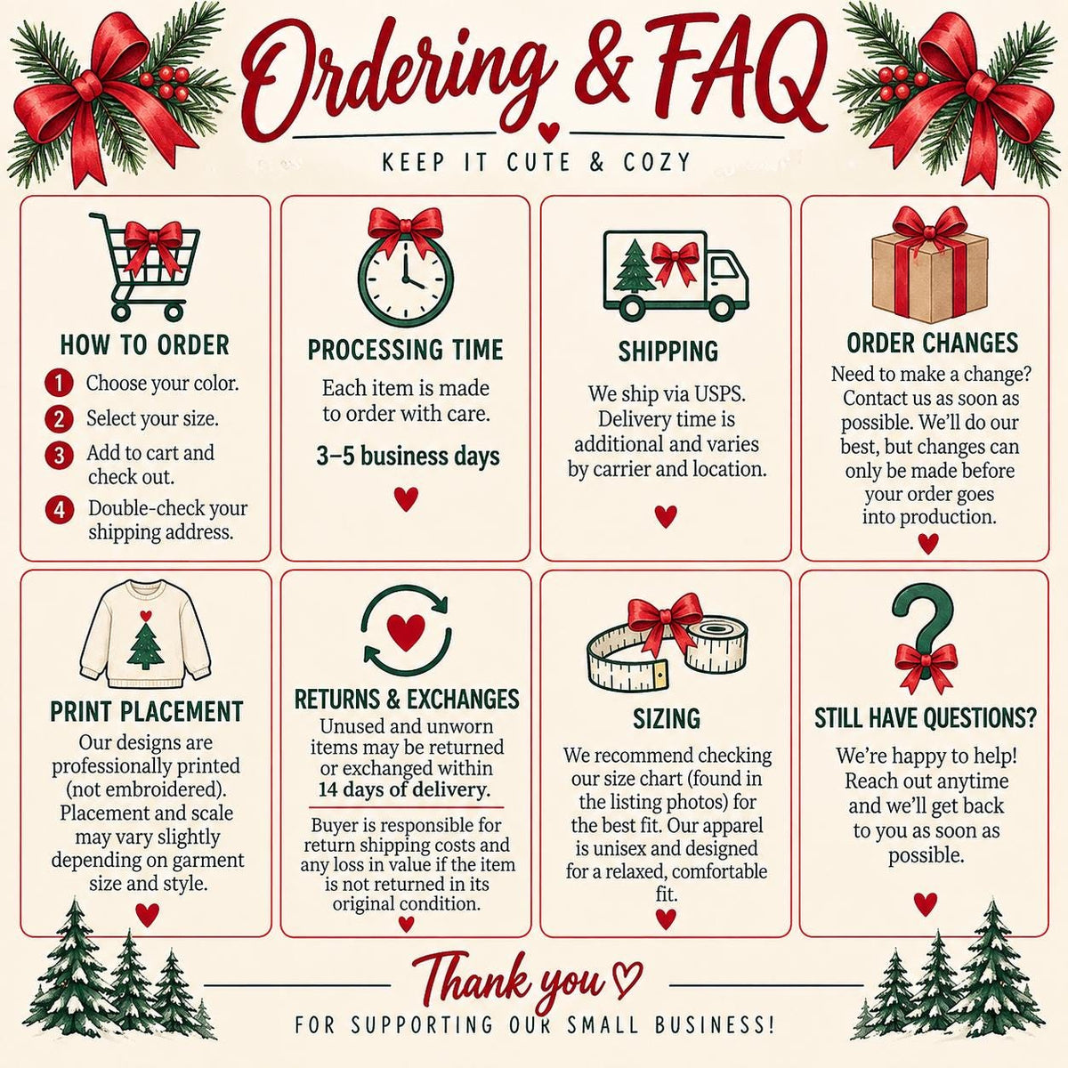 Ordering and FAQ guide for the made-to-order Believe Christmas sweatshirt.