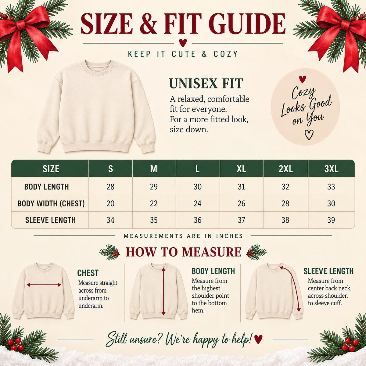 Unisex size and fit guide for Christmas coffee sweatshirts in sizes S through 3XL.