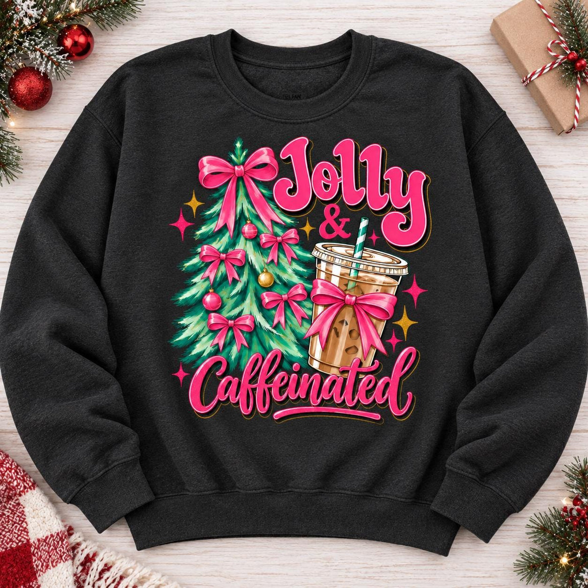 Heather Black Jolly and Caffeinated holiday crewneck sweatshirt laid flat.