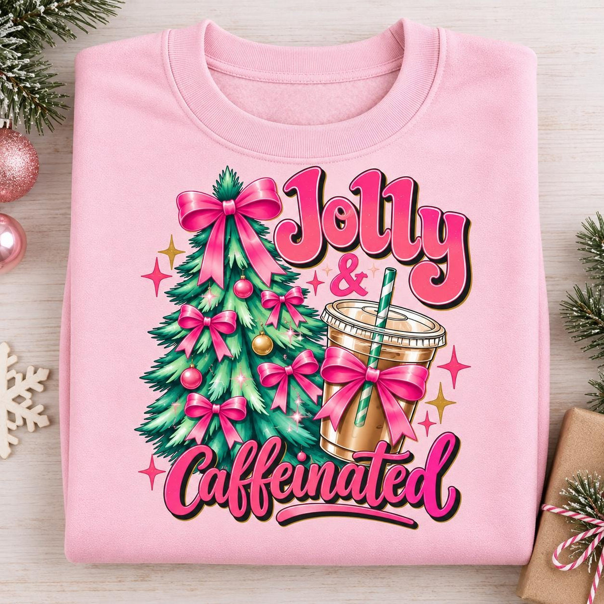 Folded Light Pink Christmas coffee sweatshirt with festive tree and bows.