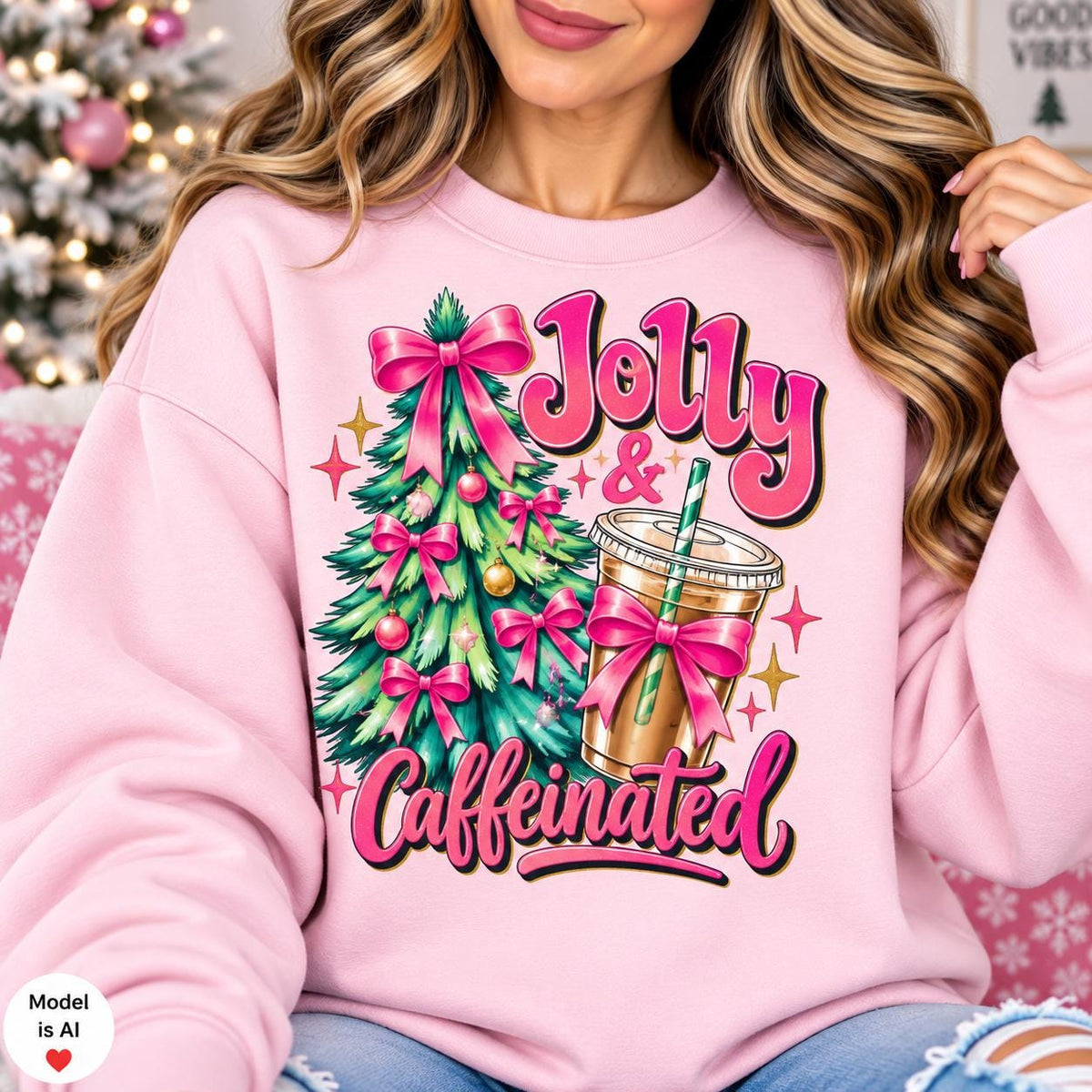 Woman modeling a Light Pink Jolly and Caffeinated Christmas sweatshirt.