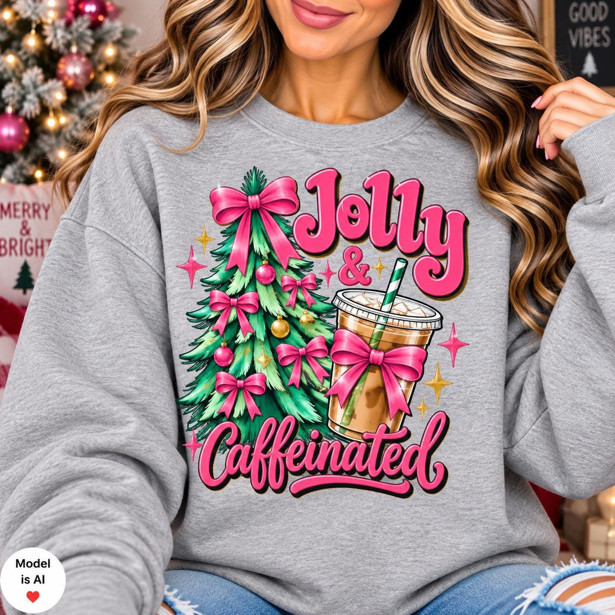 Woman wearing a Sport Gray Christmas coffee sweatshirt with bright pink design.