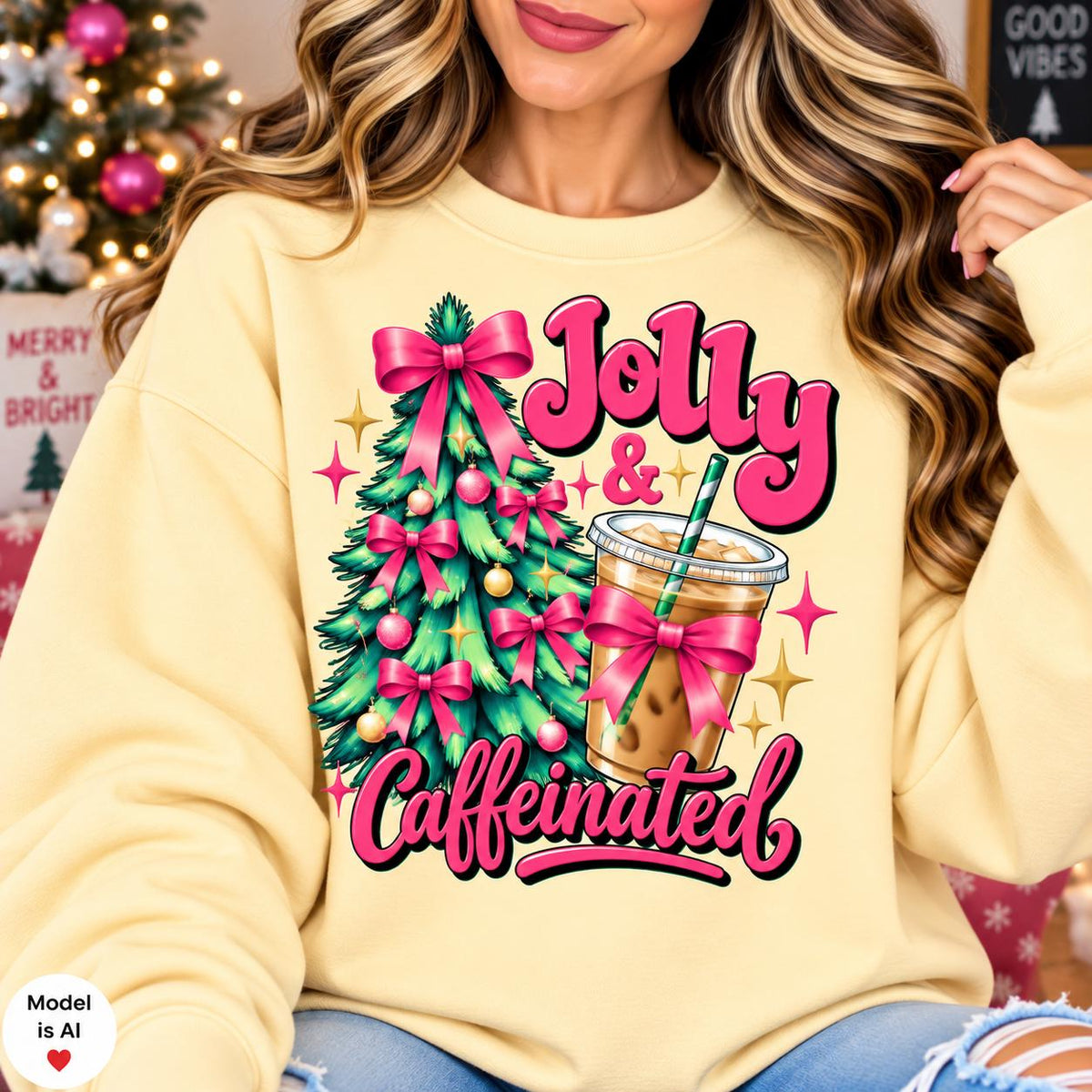 Woman wearing a Yellow Haze Christmas sweatshirt for iced coffee lovers.