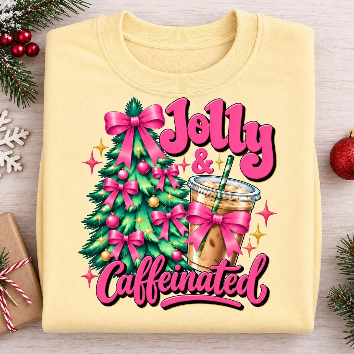 Folded Yellow Haze Jolly and Caffeinated holiday sweatshirt.