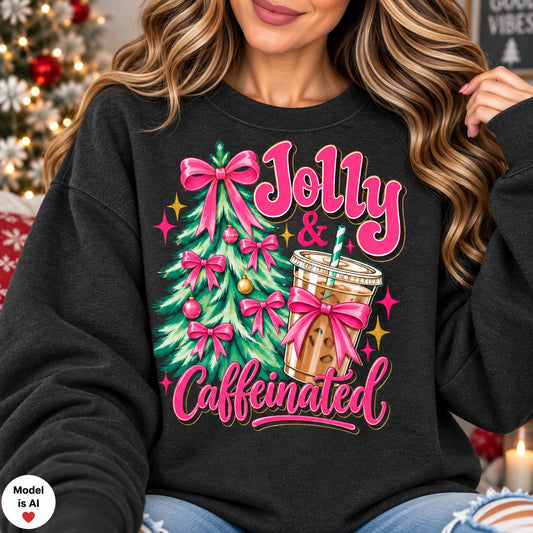 Woman wearing a Heather Black Jolly and Caffeinated Christmas coffee sweatshirt.