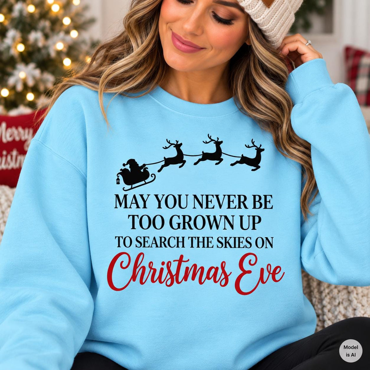 Woman wearing a Sky blue Christmas Eve sweatshirt with Santa sleigh design.