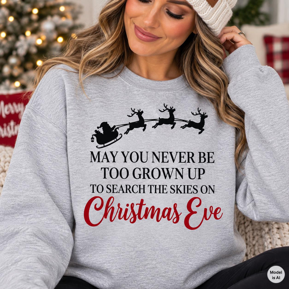 Woman wearing a Sport Gray Christmas Eve sweatshirt with Santa and reindeer.