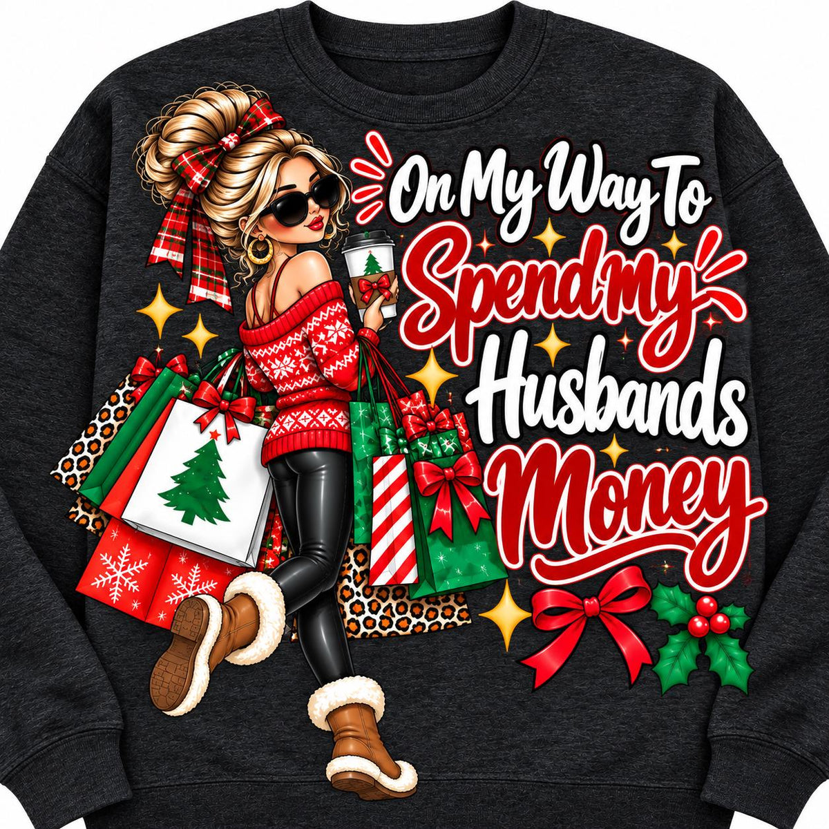 Heather black On My Way to Spend My Husband’s Money Christmas sweatshirt laid flat.