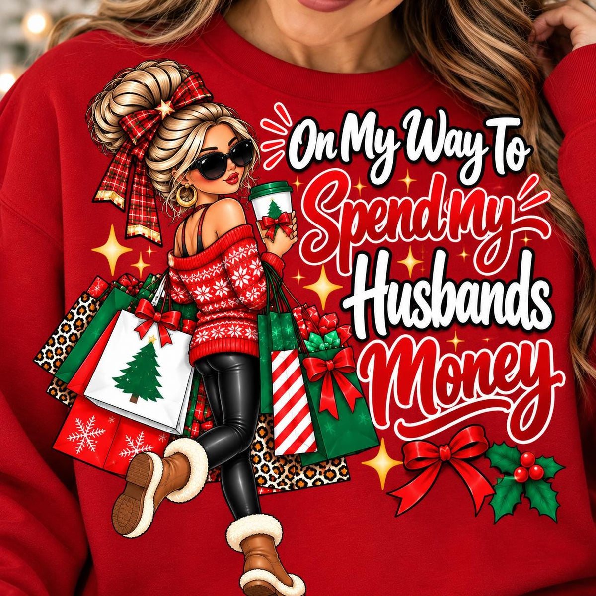 Woman modeling a red holiday shopping Christmas sweatshirt.