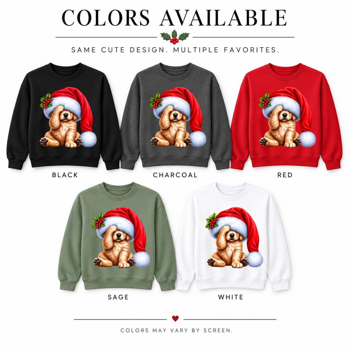 Christmas puppy sweatshirt color options in Black, Charcoal, Red, Sage and White.