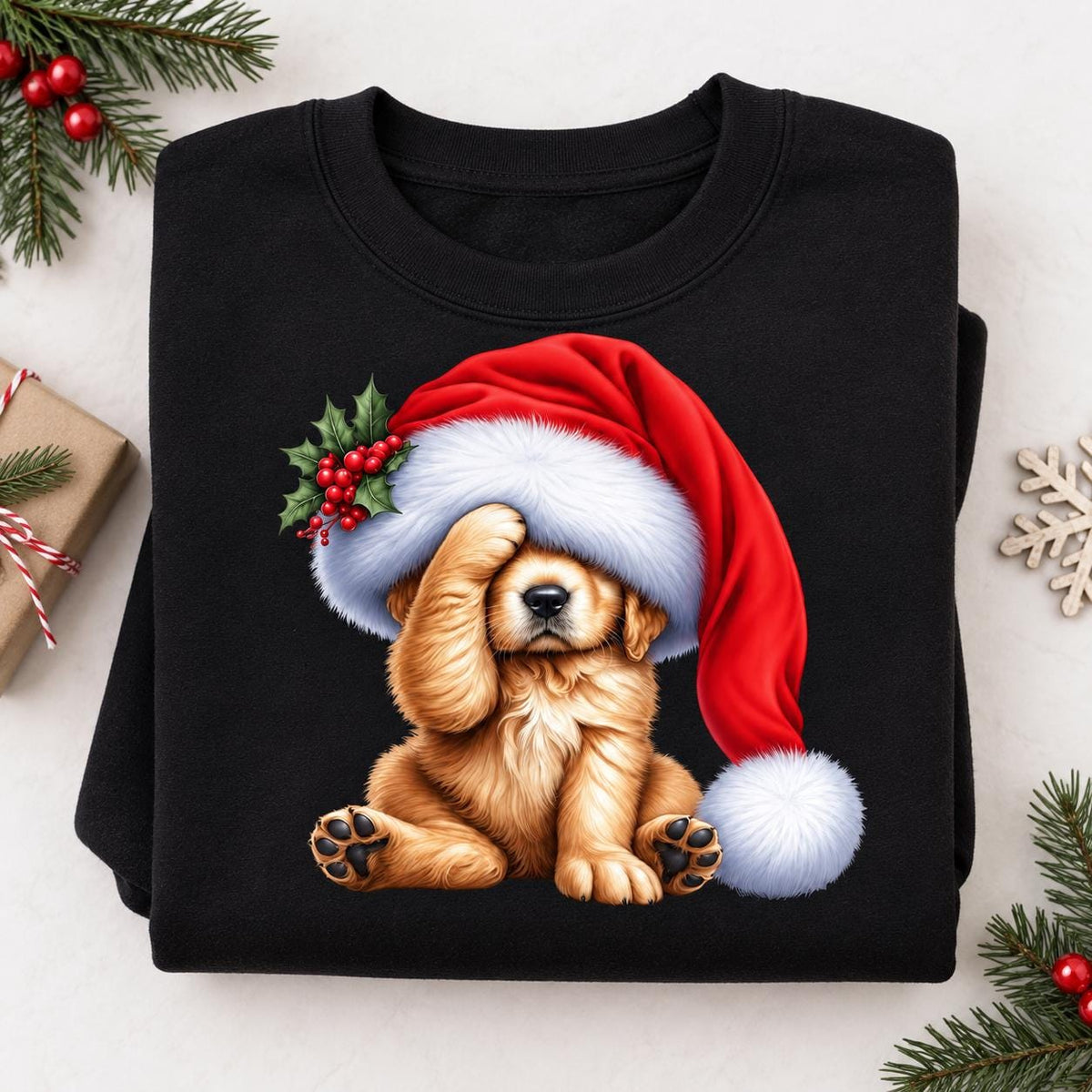 Folded black Christmas puppy sweatshirt featuring a golden dog beneath an oversized red Santa hat.