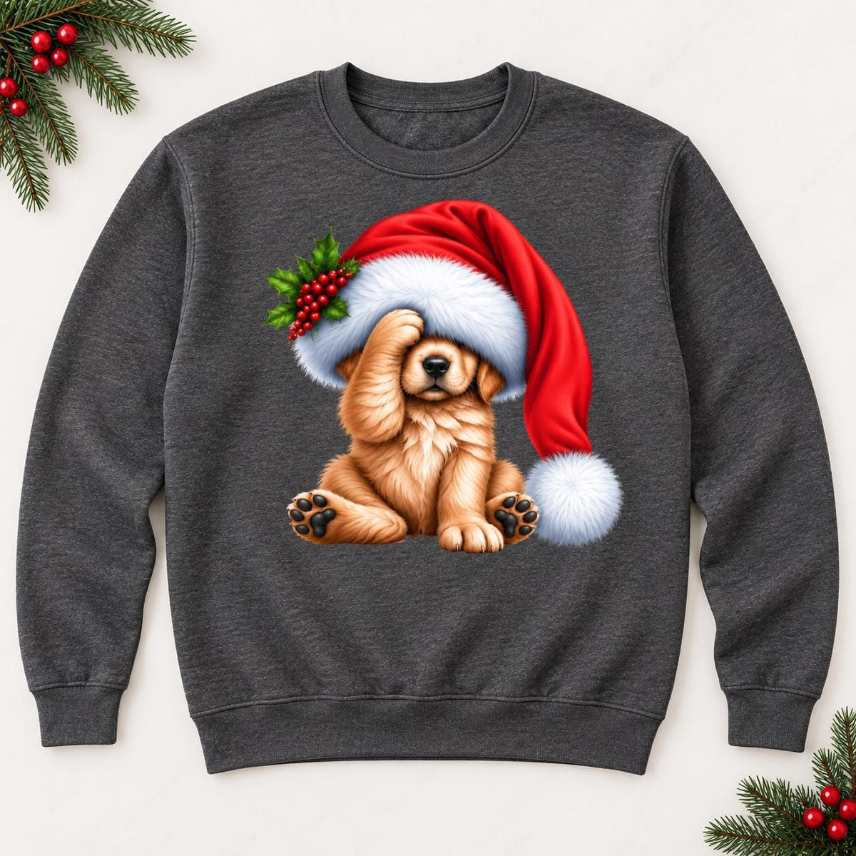 Charcoal Christmas puppy sweatshirt laid flat, featuring a golden dog beneath an oversized red Santa hat.