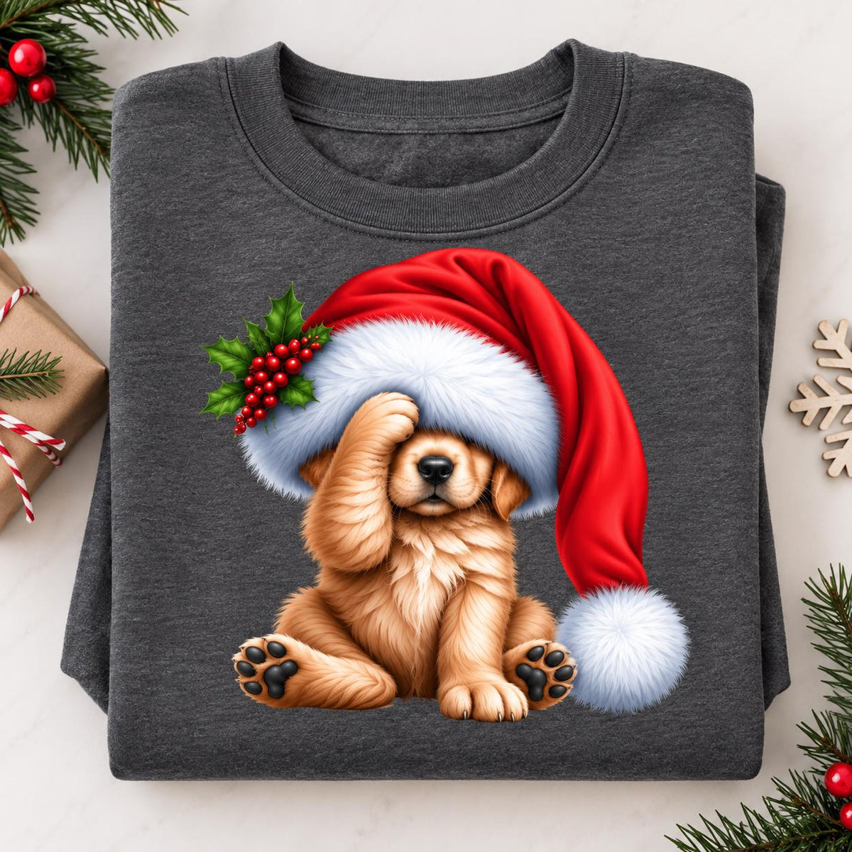 Folded charcoal Christmas puppy sweatshirt featuring a golden dog beneath an oversized red Santa hat.