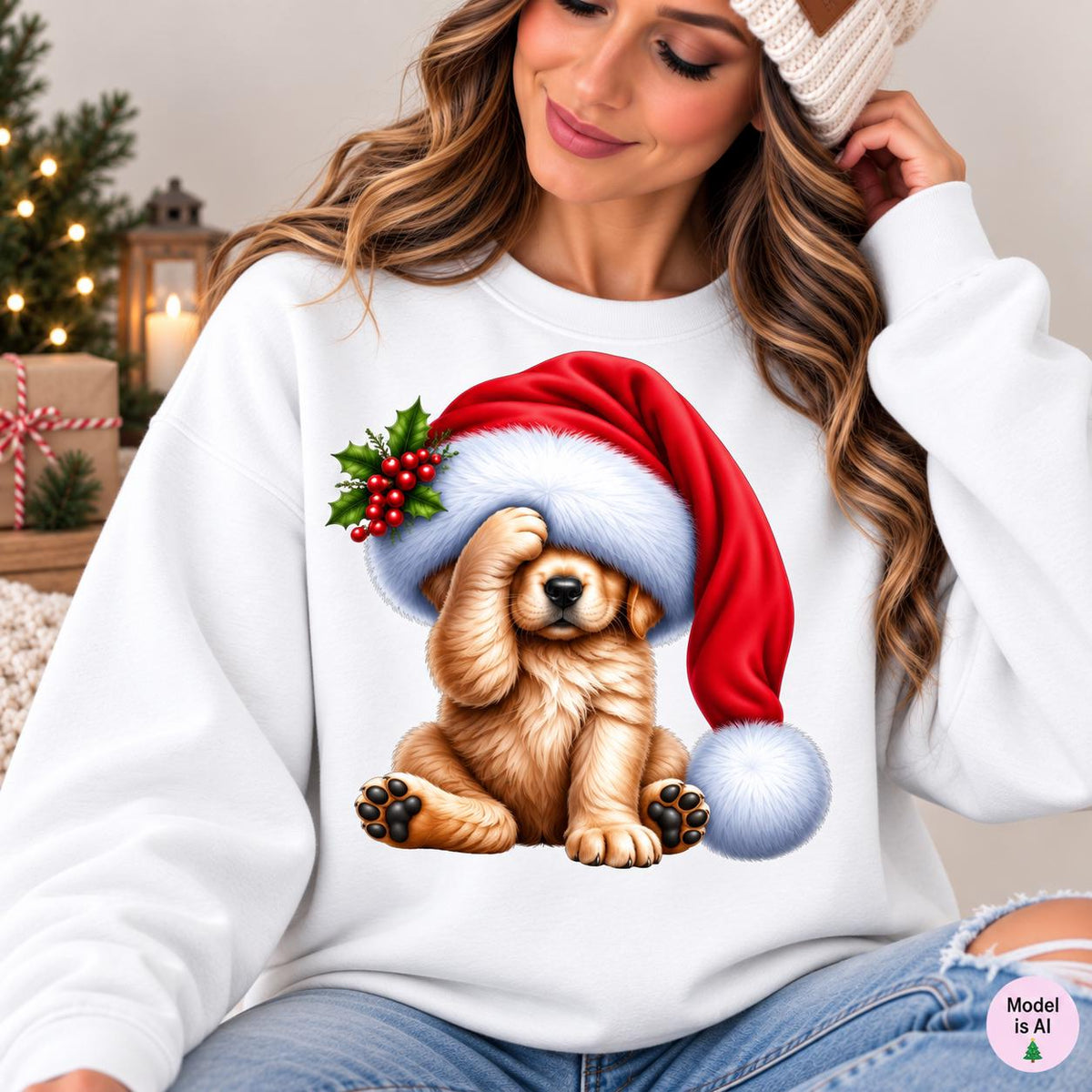 Woman wearing a white Christmas puppy sweatshirt featuring a golden dog beneath an oversized red Santa hat.