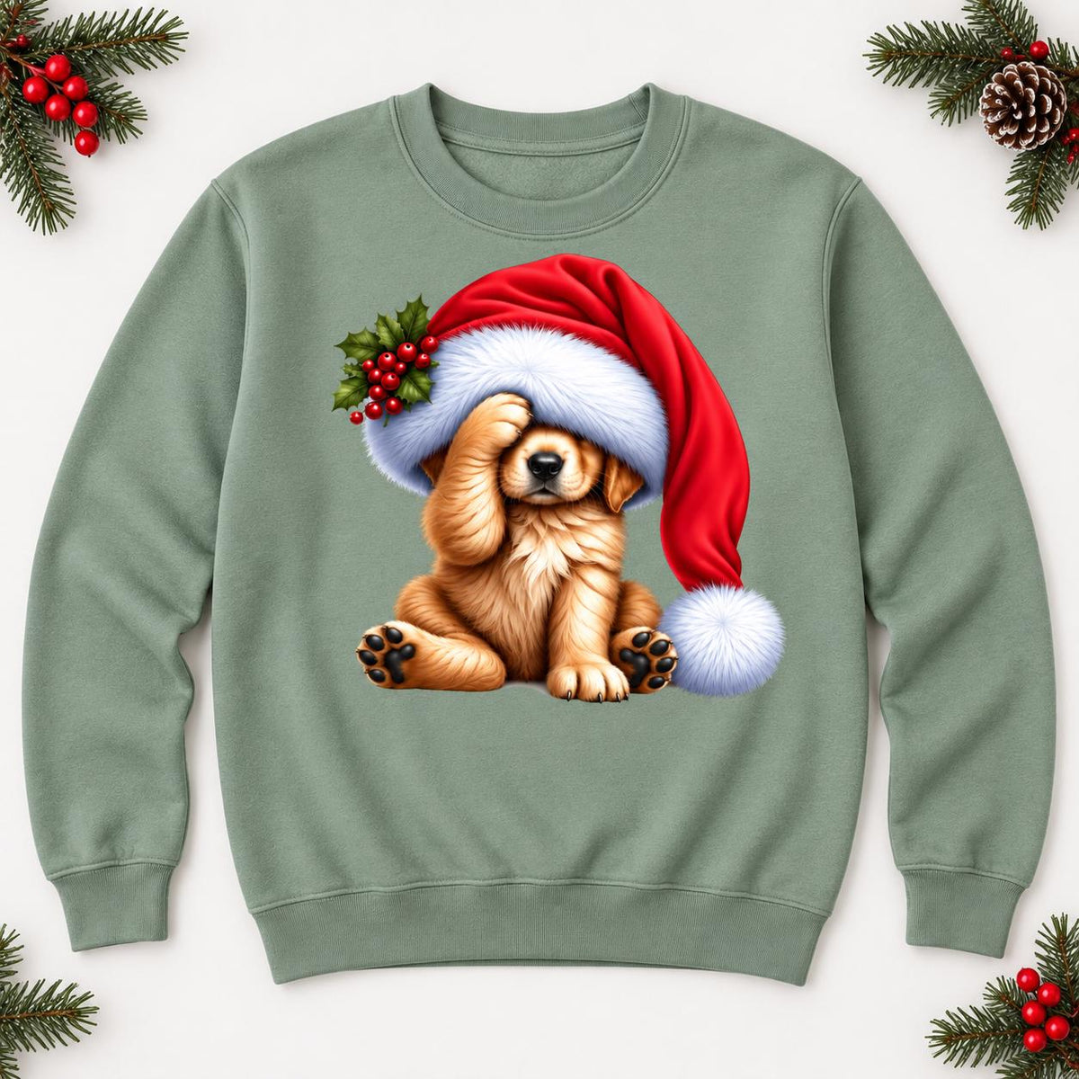 Sage Christmas puppy sweatshirt laid flat, featuring a golden dog beneath an oversized red Santa hat.